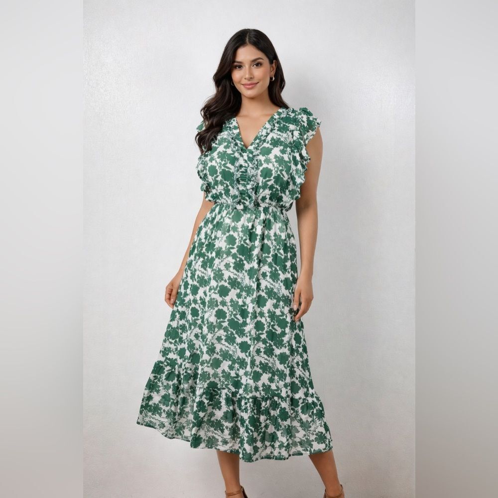 Sienna Sky Green Floral Ruffle Midi Dress Cottagecore Feminine Spring Summer Sma